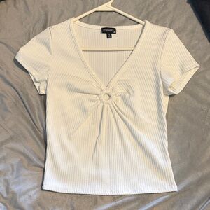 White Ribbed V-Neck Ring-Front Women's Top